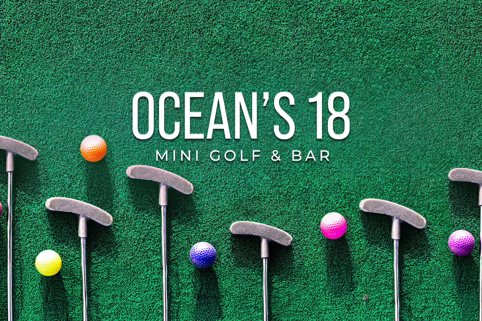 Ocean’s 18 Mini Golf & Bar logo with colorful golf balls and putters, highlighting indoor entertainment at Ocean Casino Resort