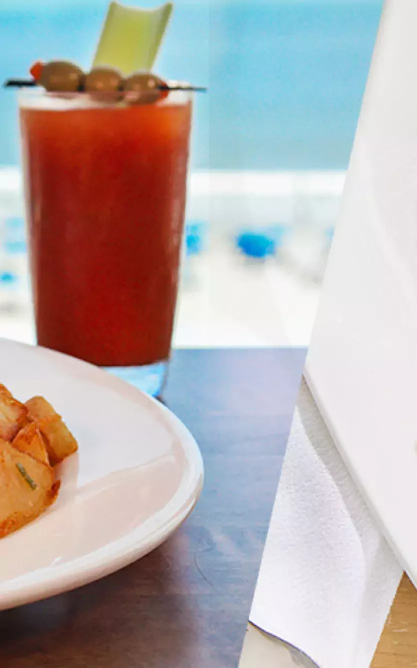 Two-image collage with breakfast dishes including eggs, potatoes, a bloody mary and avocado toast