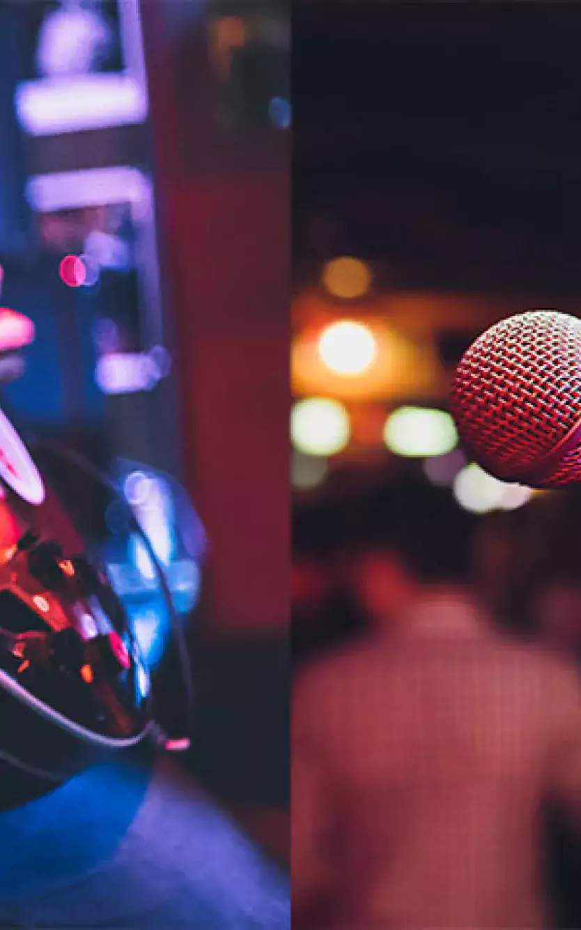 two images side-by-side of a man playing a guitar and an open mic in front of a crowd